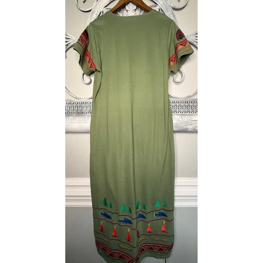 Michael Simon Lite Womens Green Embroidered Camp Cabin Maxi Dress Cardigan Set L